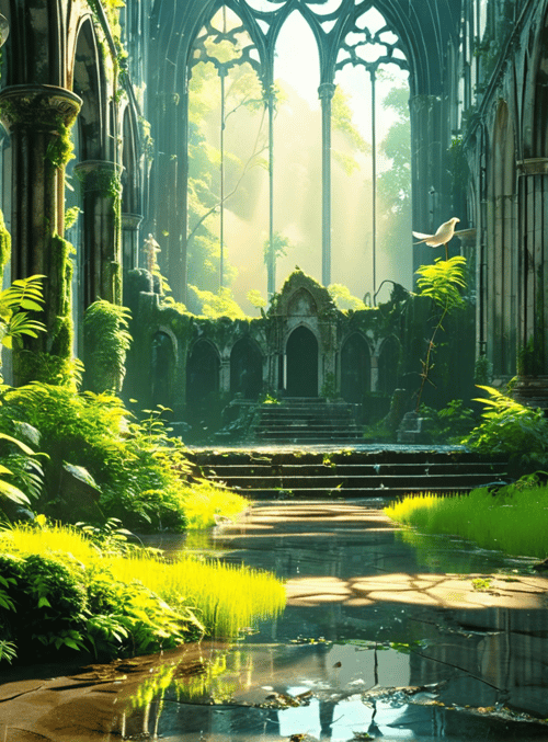 church, nature, columns, buddha, bird, staircase, water, plants, vines, light