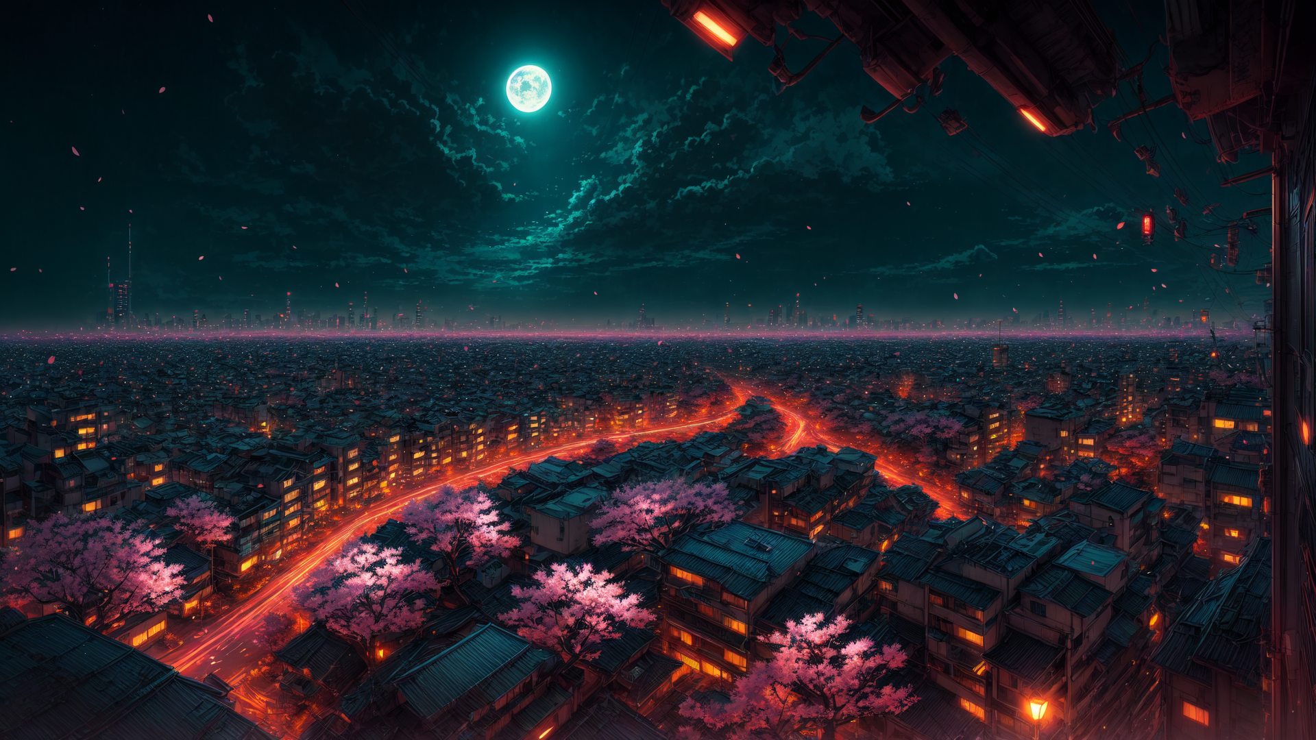 AI generated wallpaper featuring city, cherry blossoms, moon