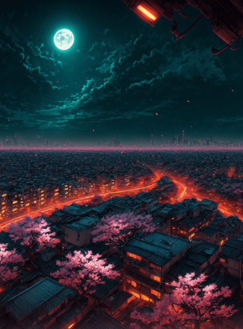 city, cherry blossoms, moon