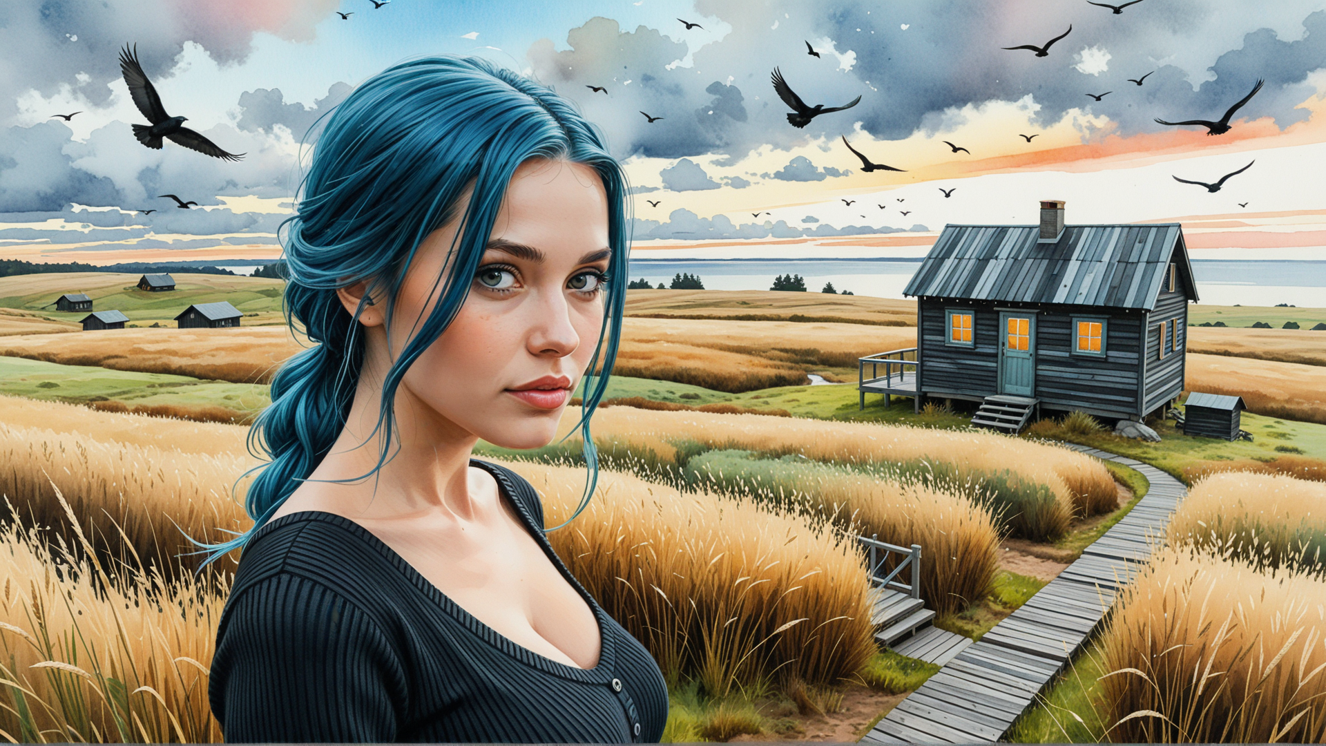 AI generated wallpaper featuring woman, blue hair, house, field, birds, path, sky, grass, cottage, clouds