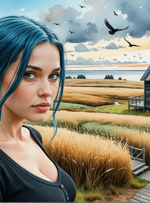 woman, blue hair, house, field, birds, path, sky, grass, cottage, clouds