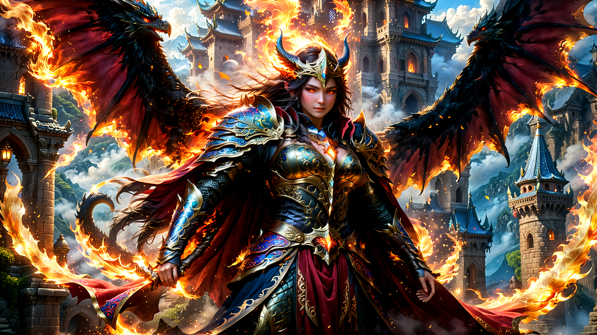 AI generated wallpaper featuring dragon, warrior, castle, fire, armor, sword, helmet, cape, dragon wings, flame