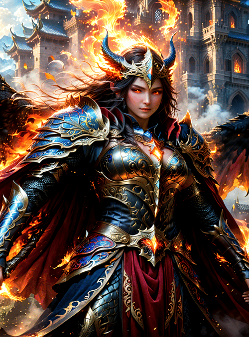 dragon, warrior, castle, fire, armor, sword, helmet, cape, dragon wings, flame