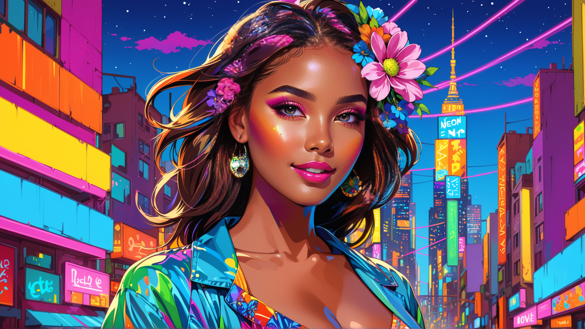 AI generated wallpaper featuring woman, city, flowers