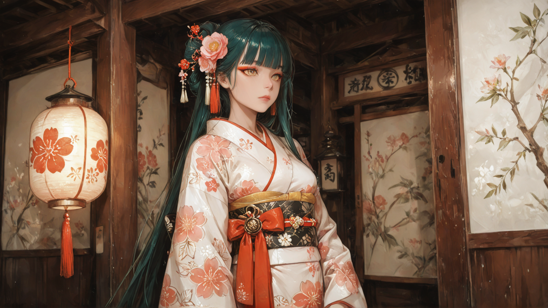 AI generated wallpaper featuring woman, lantern, kimono, flower, hair, door, wall, sash, tree, bamboo