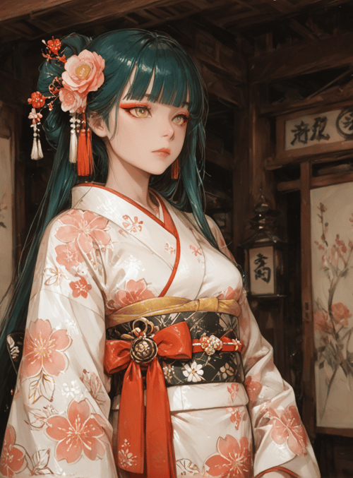 woman, lantern, kimono, flower, hair, door, wall, sash, tree, bamboo