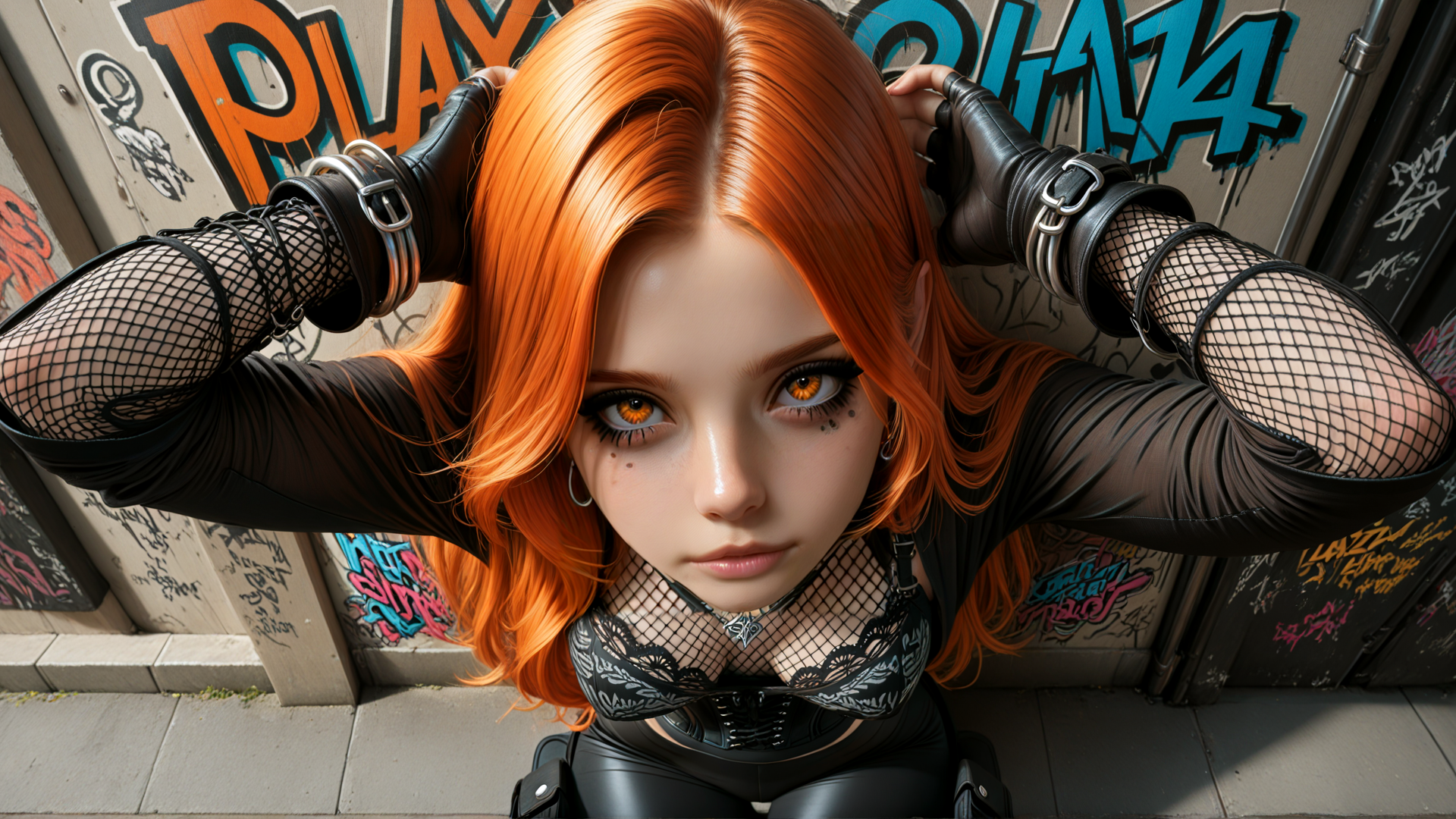 AI generated wallpaper featuring woman, red hair, graffiti, leather, mesh, gloves, choker, piercing, black outfit, street