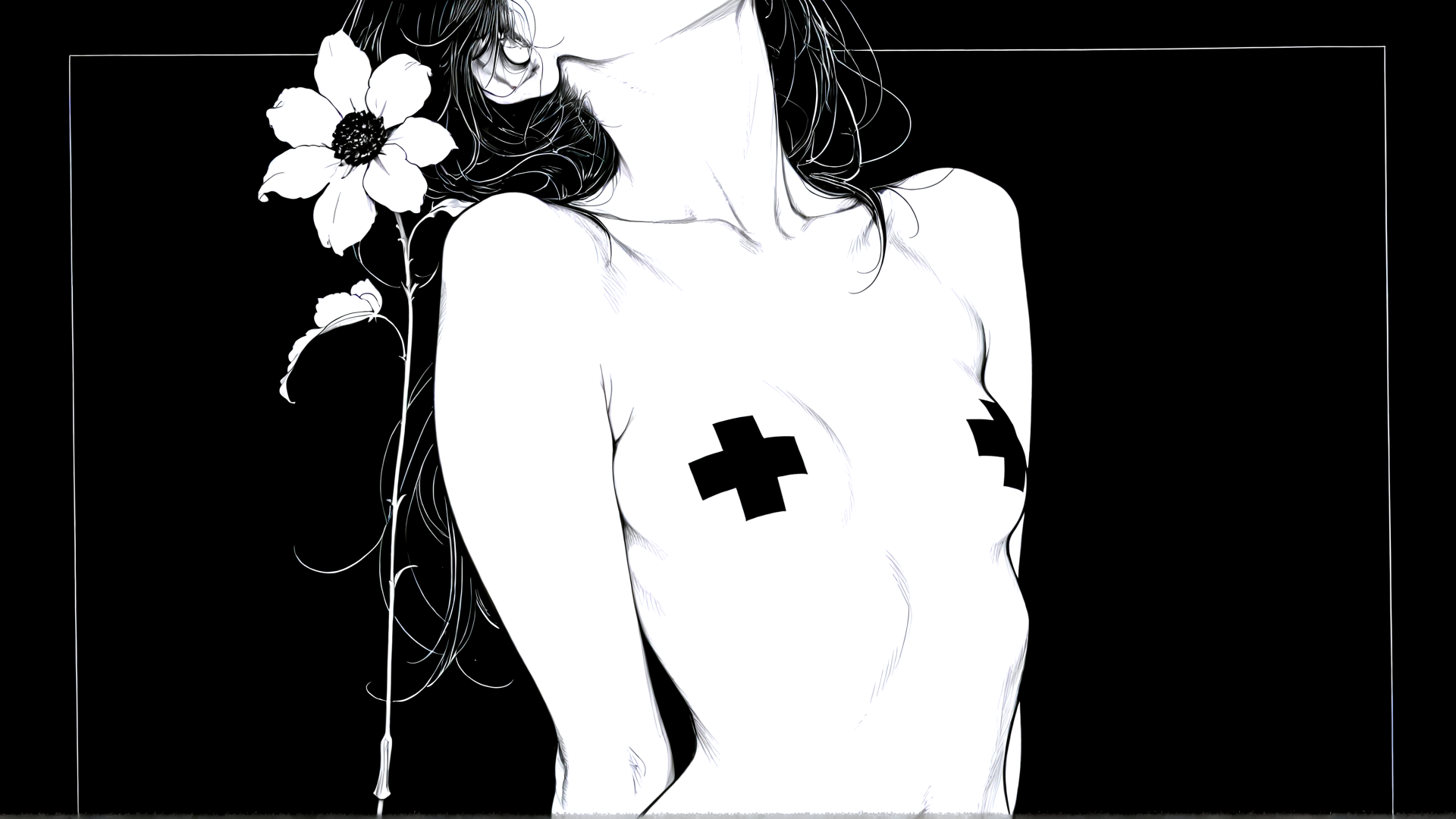 AI generated wallpaper featuring woman, flower, cross, hair