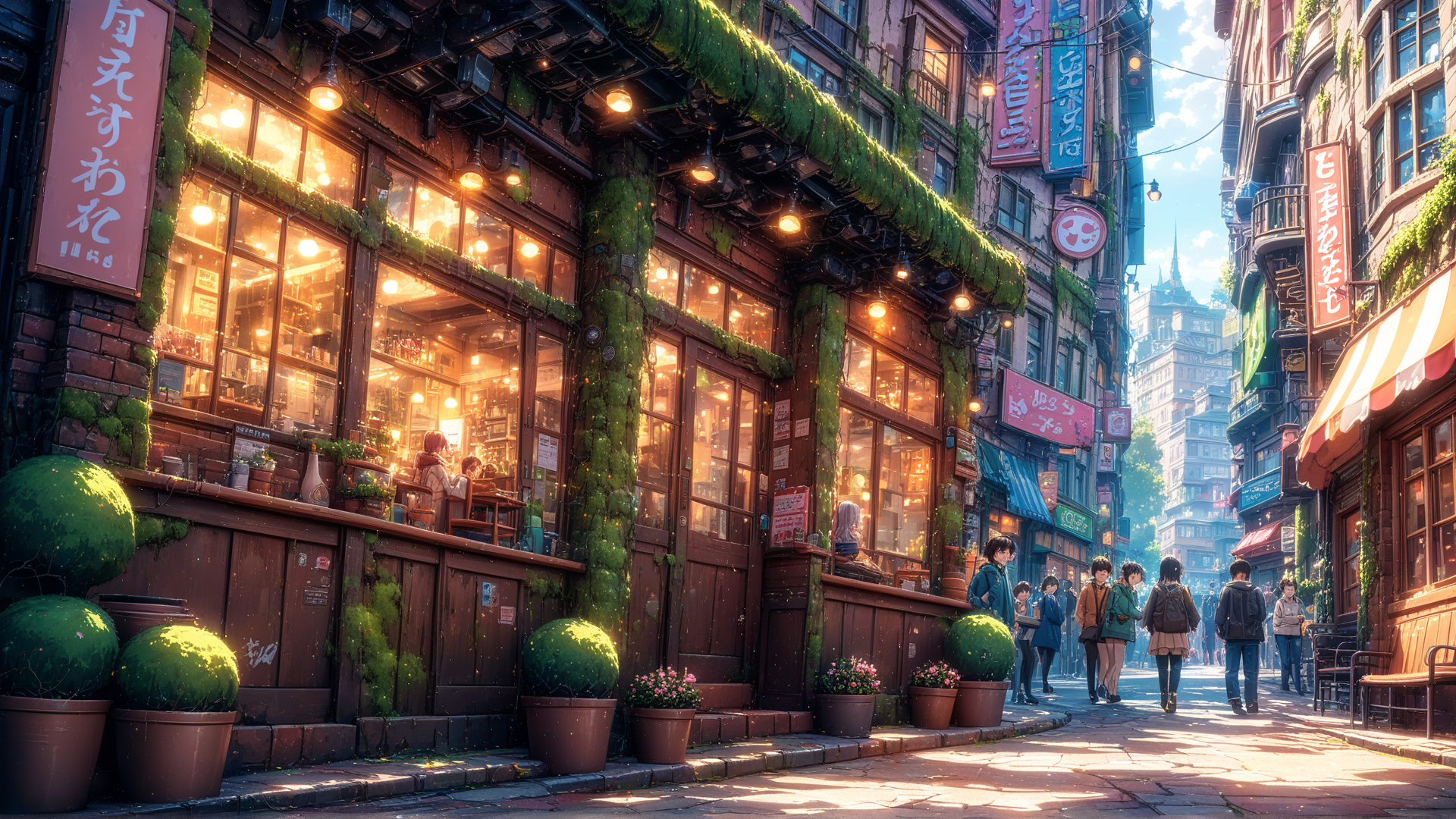 AI generated wallpaper featuring street, cafes, people
