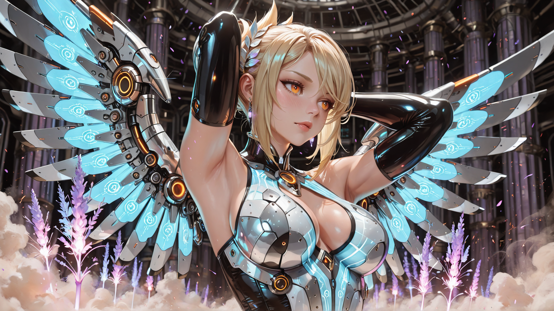 AI generated wallpaper featuring cyborg, angel, robot, wing, futuristic, armor, woman, mechanical, glowing, surreal