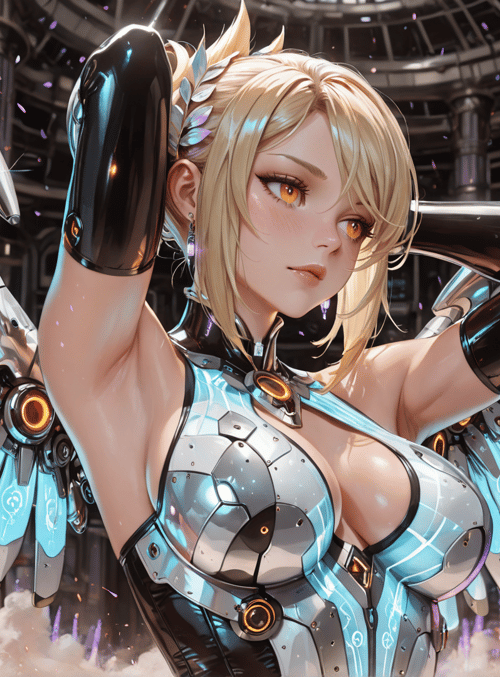 cyborg, angel, robot, wing, futuristic, armor, woman, mechanical, glowing, surreal