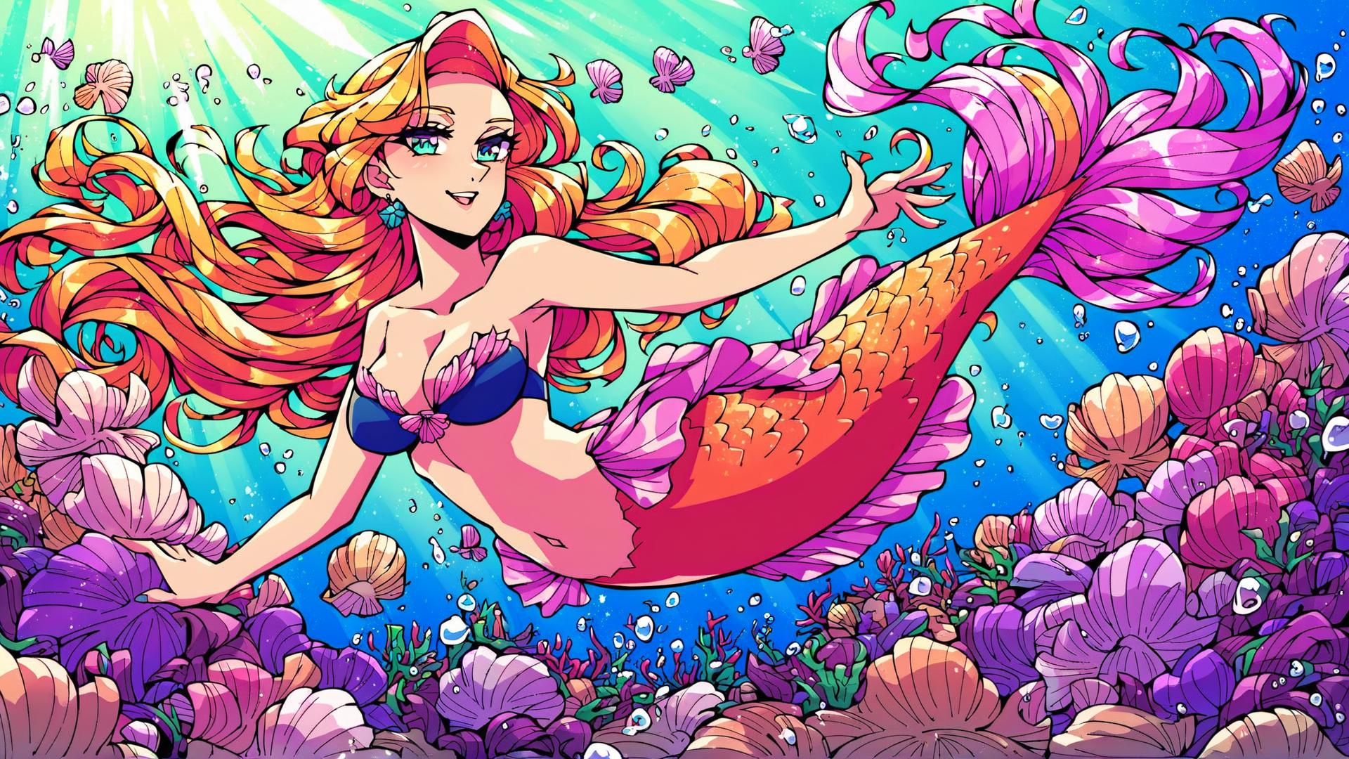 AI generated wallpaper featuring mermaid, seaweed, shells, bubbles, fish, coral, underwater, sunlight, butterfly, seashells