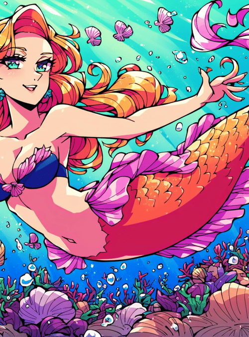 mermaid, seaweed, shells, bubbles, fish, coral, underwater, sunlight, butterfly, seashells