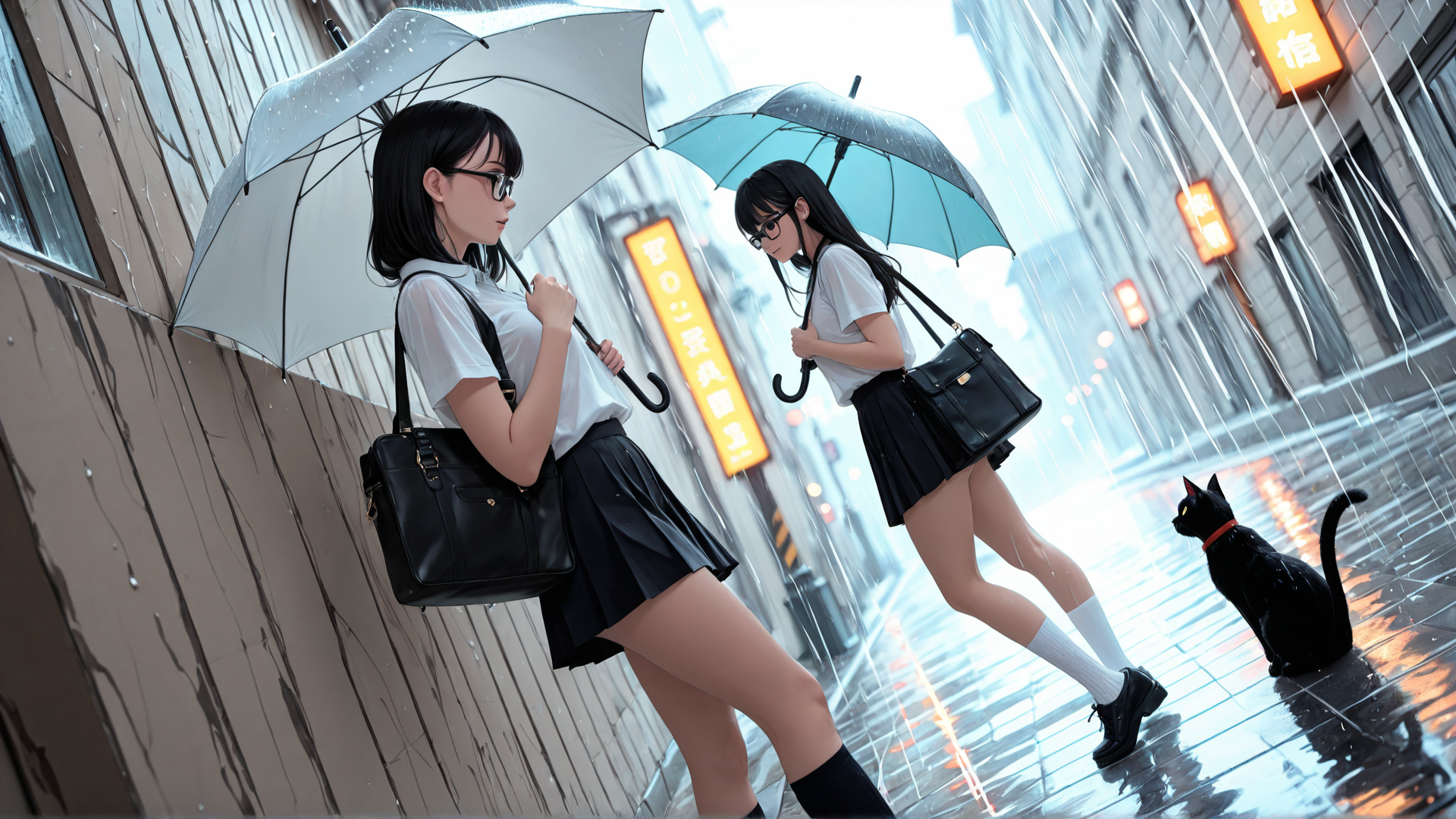 AI generated wallpaper featuring girls, umbrellas, cat, rain, street, signs, bags, school uniform, buildings, shoes