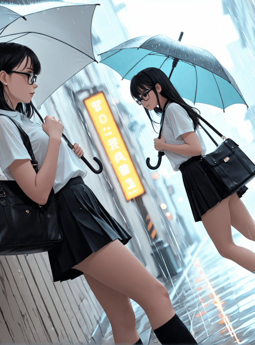 girls, umbrellas, cat, rain, street, signs, bags, school uniform, buildings, shoes