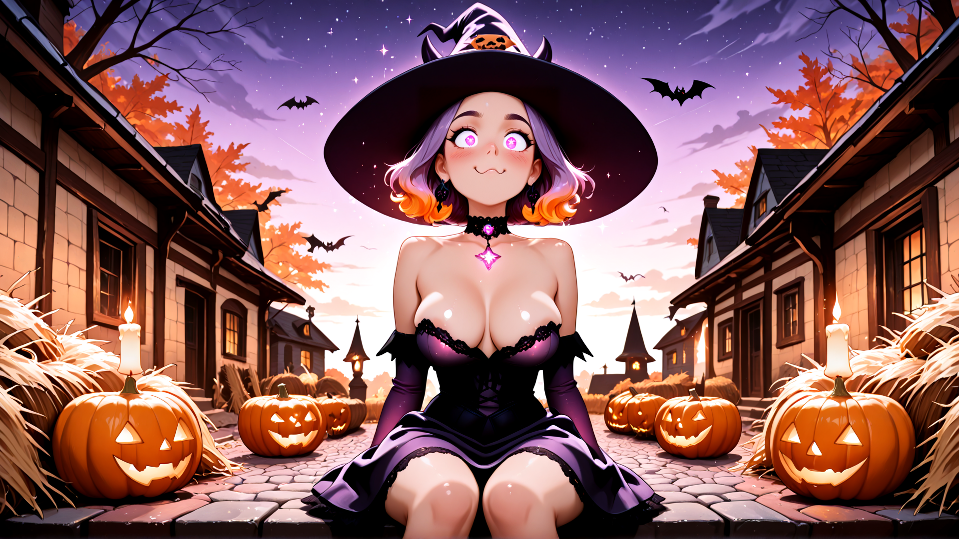 AI generated wallpaper featuring witch, pumpkin, candle, bat, house, tree