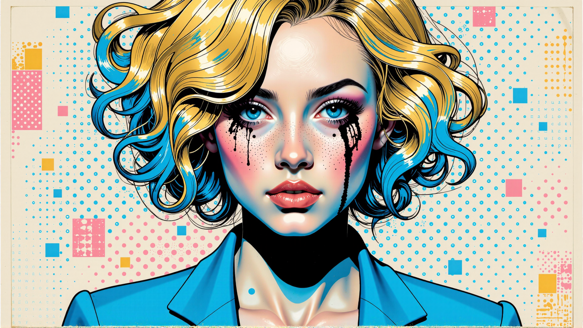 AI generated wallpaper featuring woman, hair, tears, face, suit