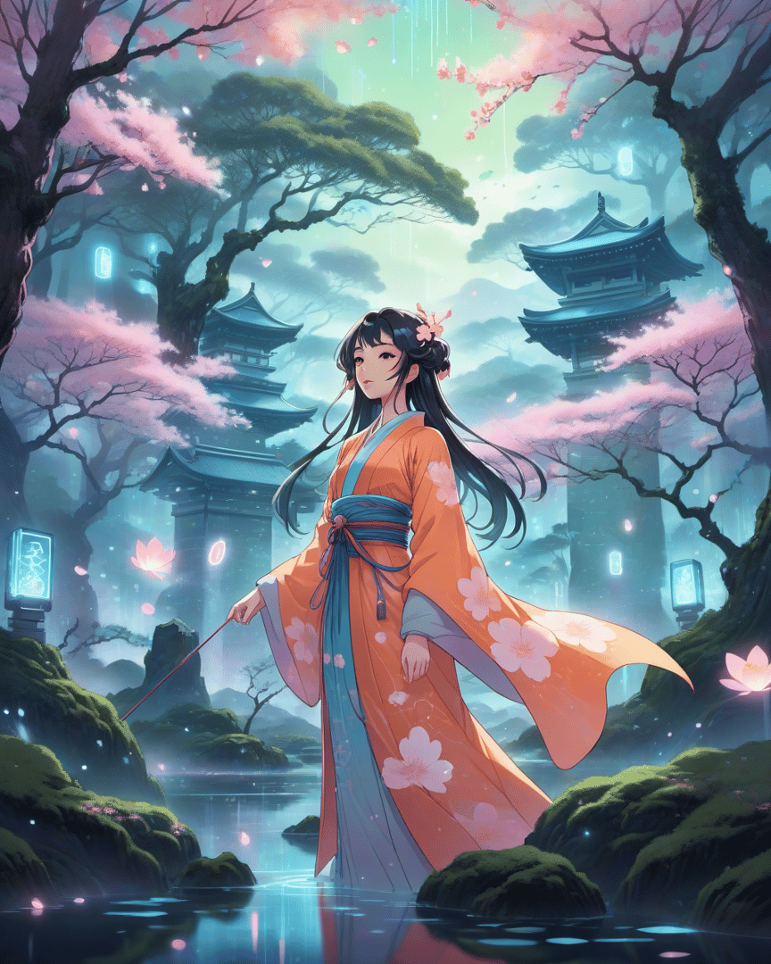 AI generated wallpaper featuring woman, cherry blossoms, pagoda
