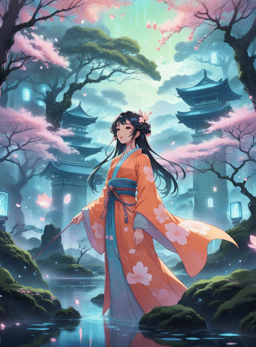 woman, cherry blossoms, pagoda