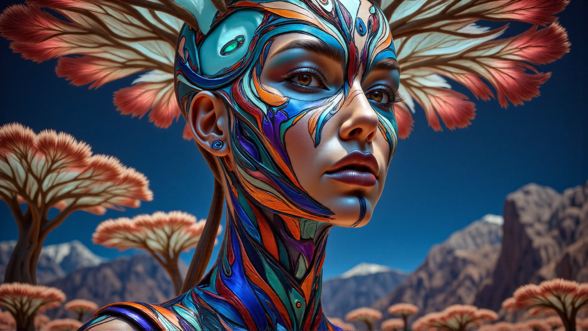 AI generated wallpaper featuring woman, feathers, trees, mountains