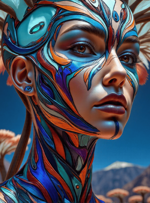 woman, feathers, trees, mountains