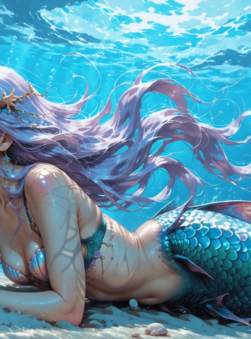 mermaid, ocean, seashells, coral, fish, sunlight, scales, hair, tail, cave