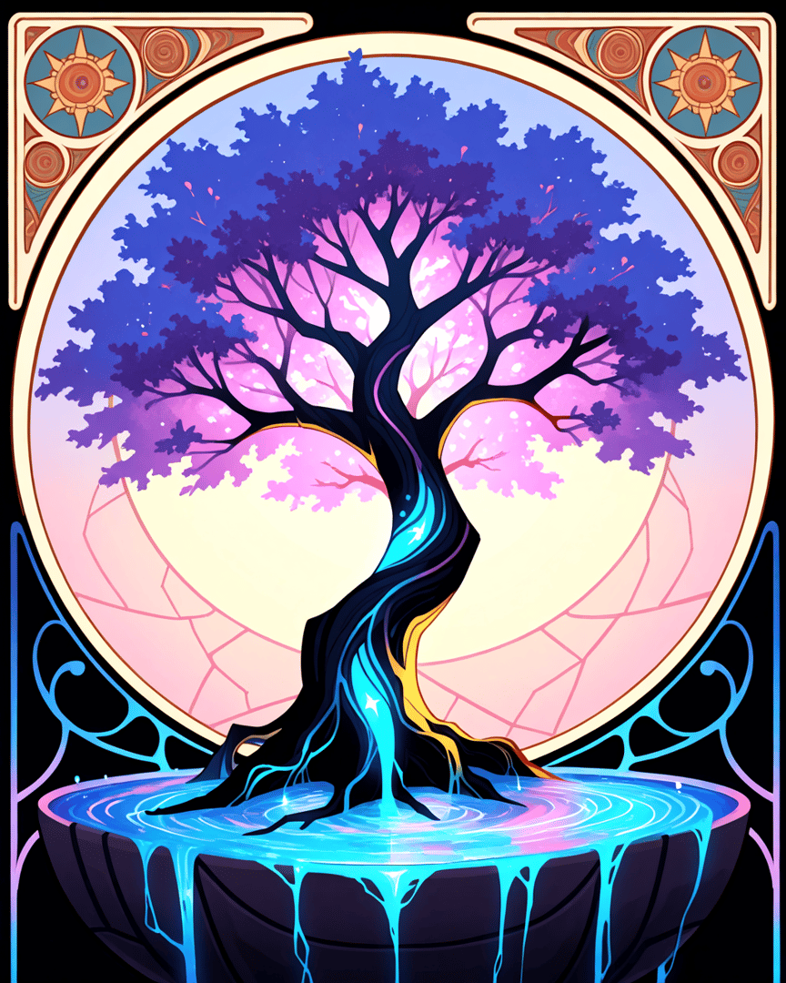 AI generated wallpaper featuring tree, moon, roots, water, sun, glow, circle, ornament, liquid, star