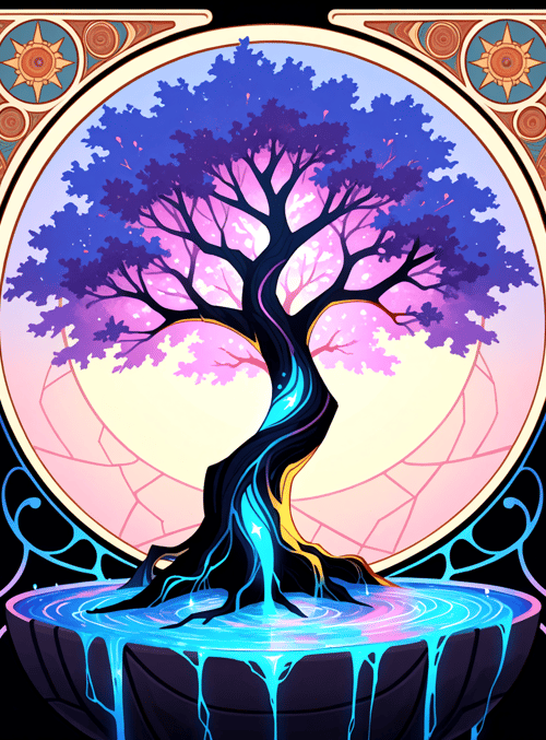 tree, moon, roots, water, sun, glow, circle, ornament, liquid, star