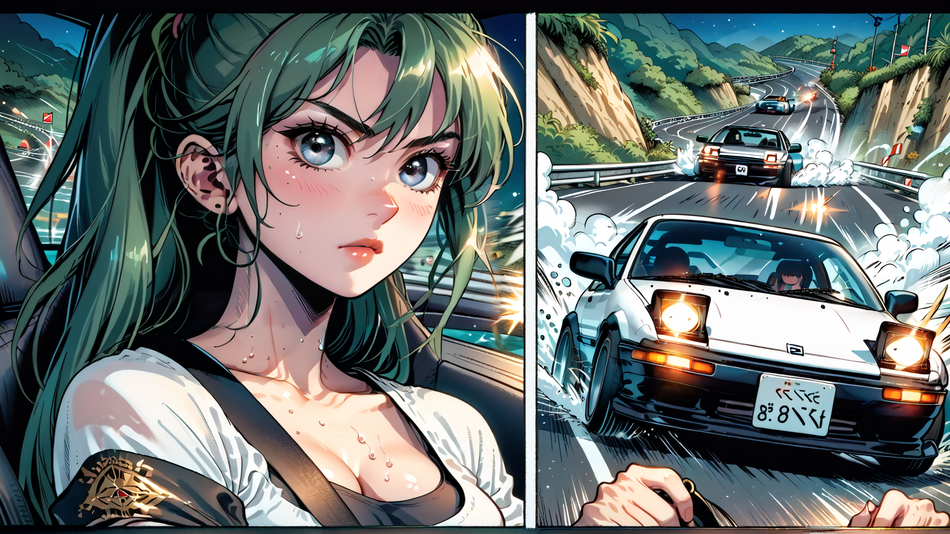 AI generated wallpaper featuring woman, car, road, mountains, drifting, sweat, sweater, license plate