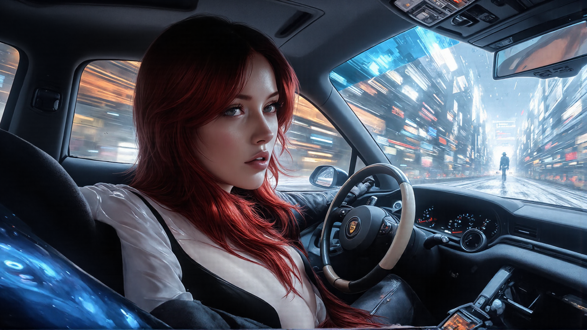 AI generated wallpaper featuring woman, car, city, steering wheel, red hair, driver, downtown, street, nyc, light