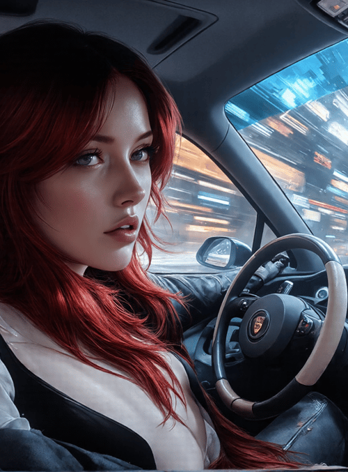 woman, car, city, steering wheel, red hair, driver, downtown, street, nyc, light