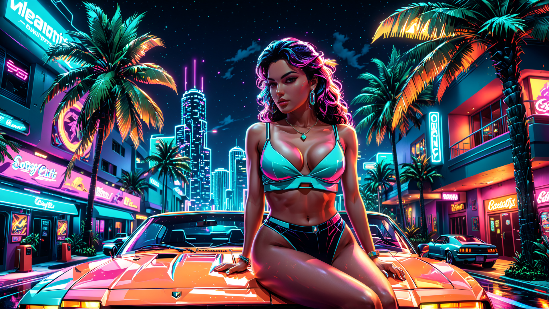 AI generated wallpaper featuring woman, car, palm tree