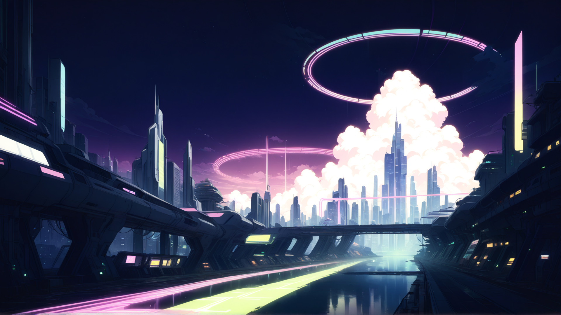 AI generated wallpaper featuring city, neon, skyscrapers