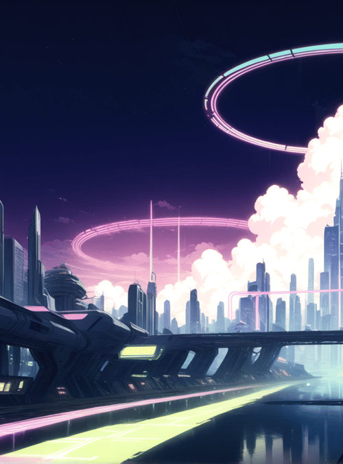city, neon, skyscrapers