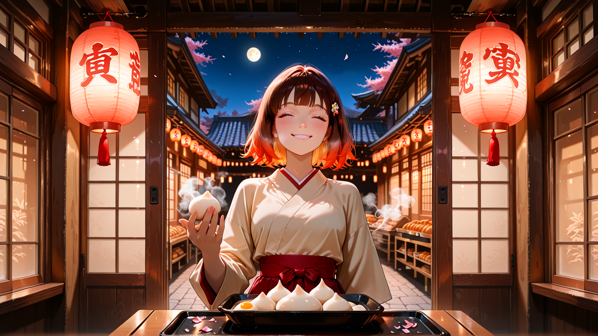 AI generated wallpaper featuring woman, lantern, moon, pastries, kimono, bakery, street, cherry blossom, lantern, bakery