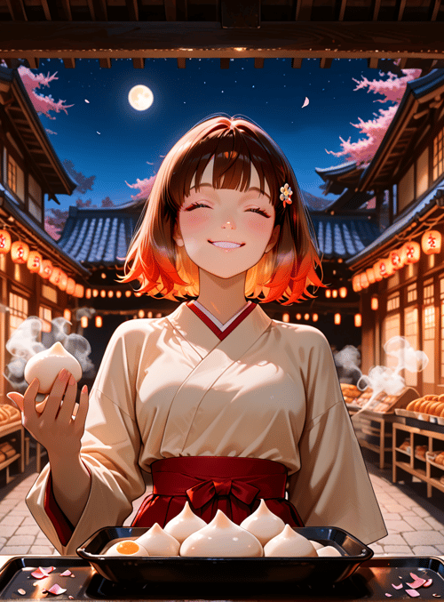 woman, lantern, moon, pastries, kimono, bakery, street, cherry blossom, lantern, bakery