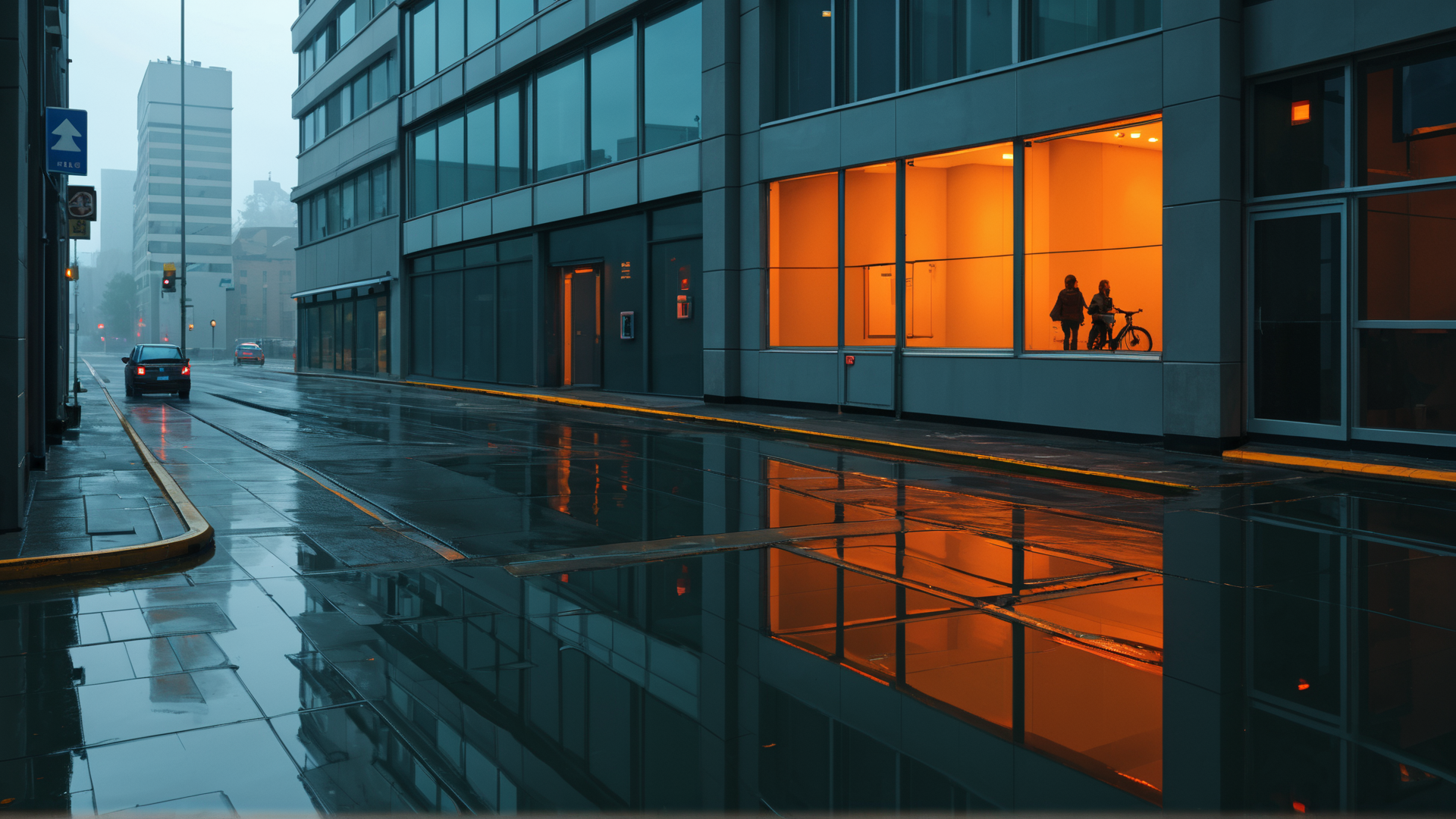 AI generated wallpaper featuring street, building, window, car, bike, people, road, reflection, sign, rain