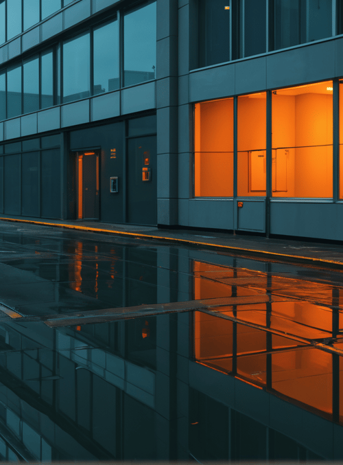 street, building, window, car, bike, people, road, reflection, sign, rain