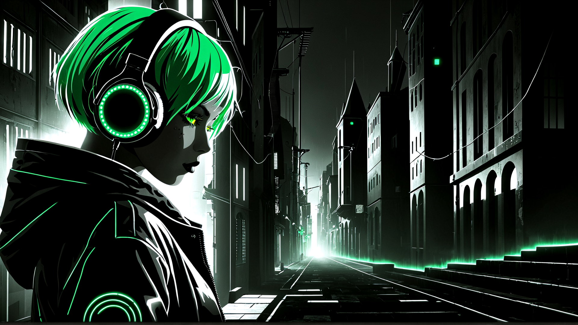 AI generated wallpaper featuring girl, headphones, city, street