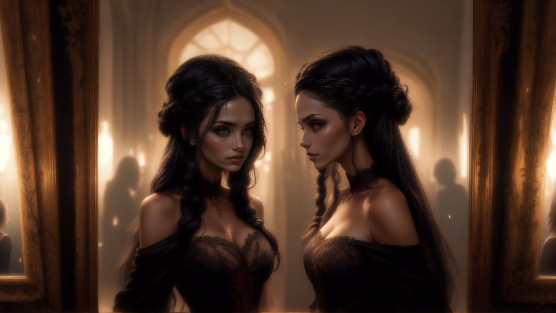 AI generated wallpaper featuring woman, mirror, reflection