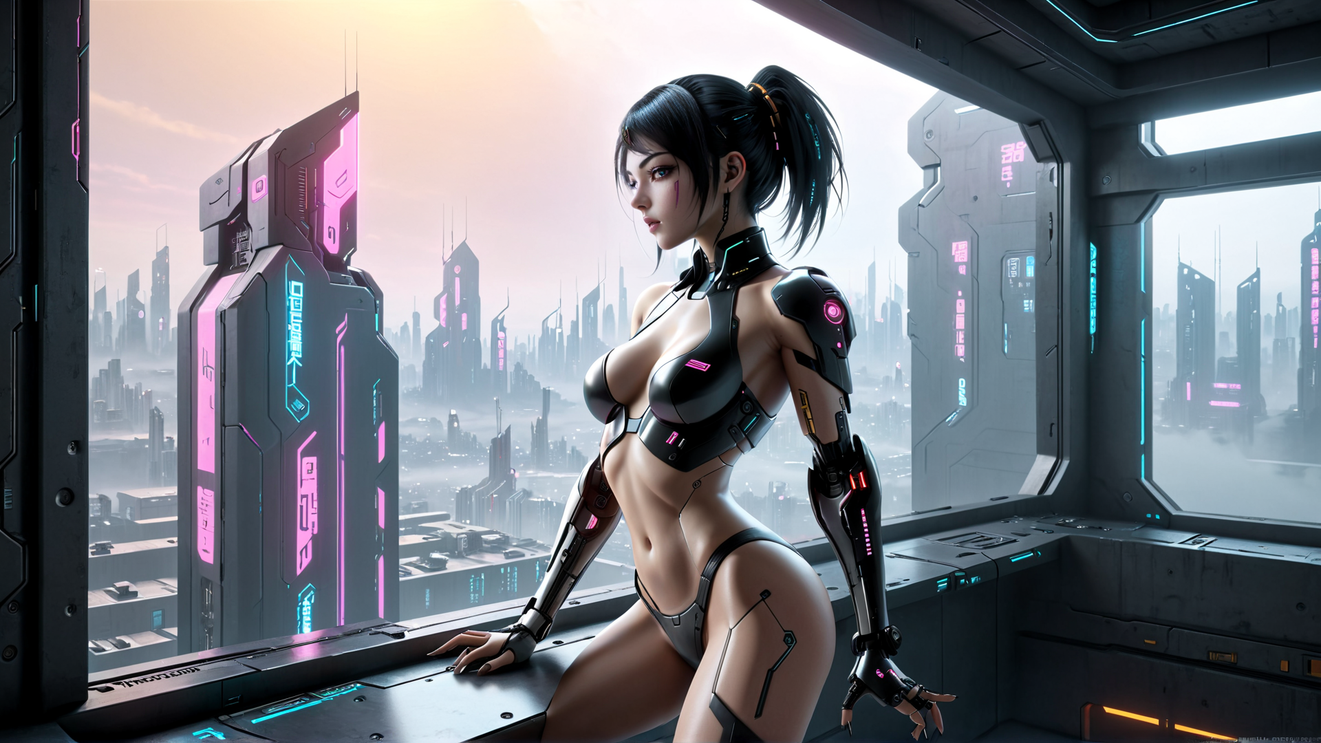 AI generated wallpaper featuring cyborg, woman, cityscape