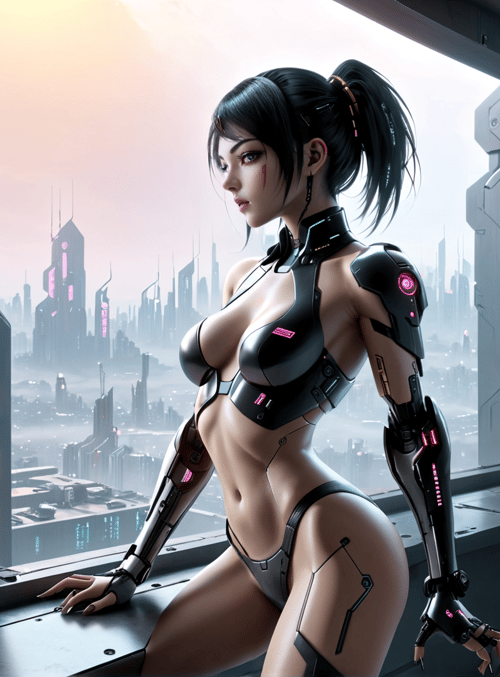 cyborg, woman, cityscape