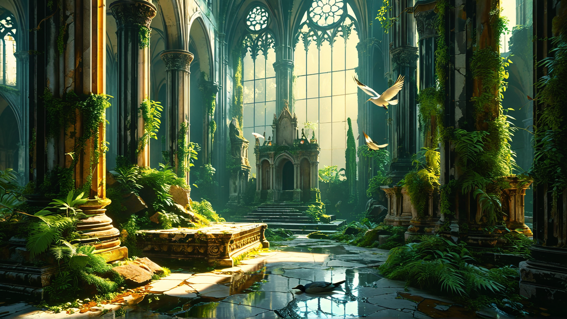 AI generated wallpaper featuring church, columns, plants, birds, stained glass, ruins, sunlight, cathedral, stone, ivy