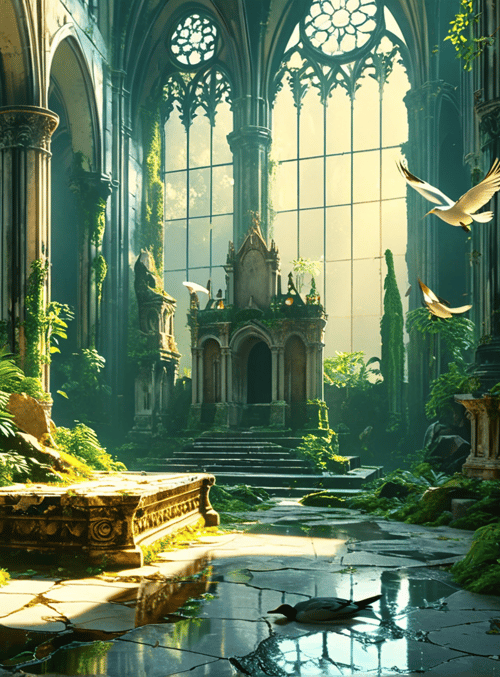 church, columns, plants, birds, stained glass, ruins, sunlight, cathedral, stone, ivy
