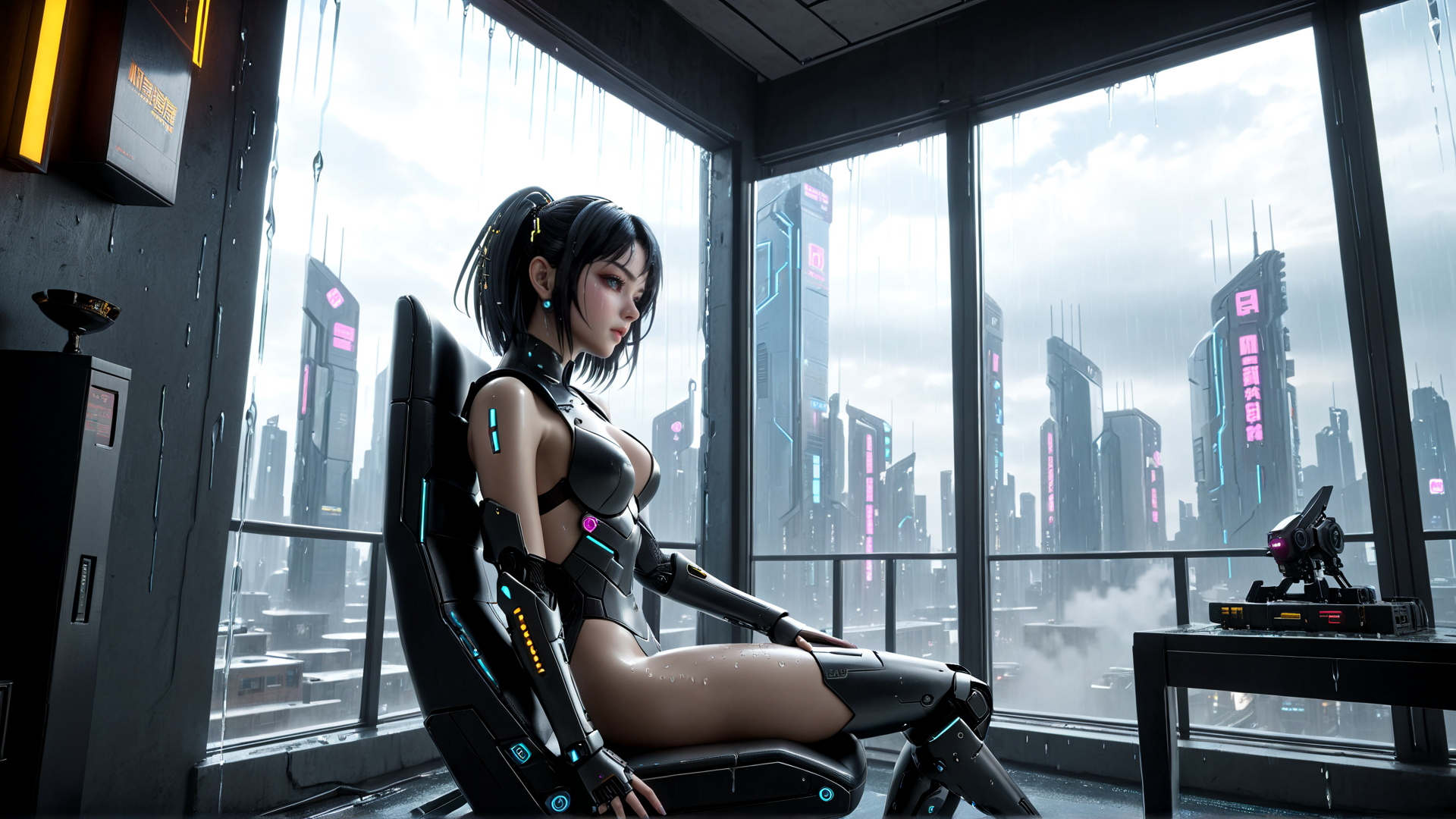 AI generated wallpaper featuring cyberpunk woman, robotic chair, neon city