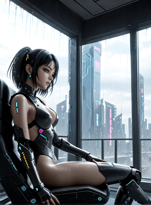 cyberpunk woman, robotic chair, neon city