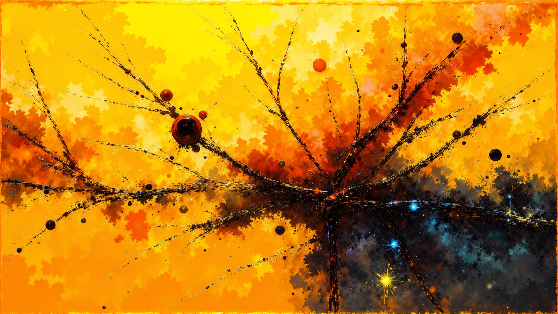 AI generated wallpaper featuring tree, spheres, branches, stars, galaxy