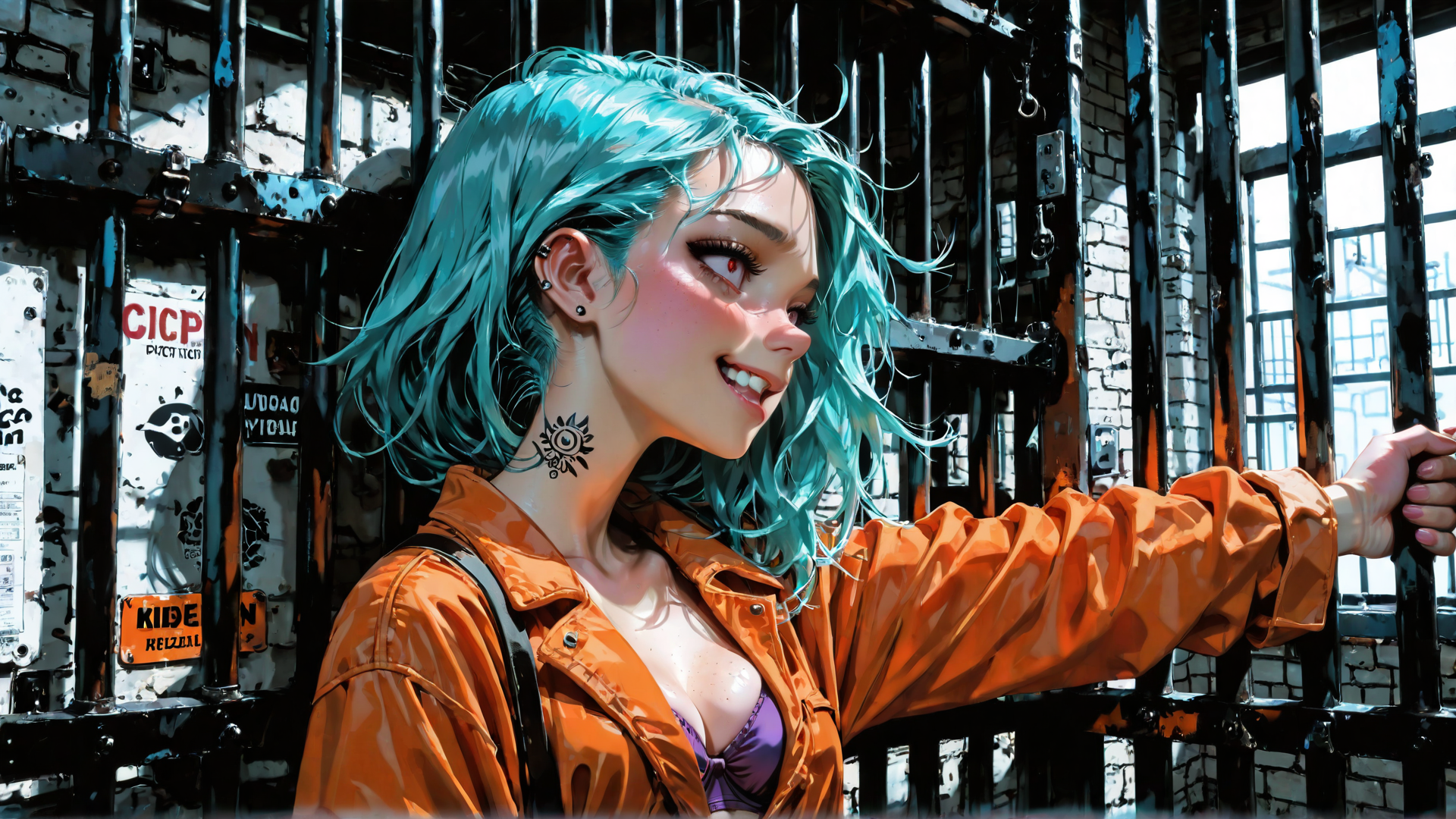 AI generated wallpaper featuring woman, bar, graffiti, hair, tattoo, jacket, ear, nail, window, building