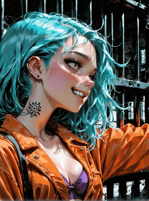 woman, bar, graffiti, hair, tattoo, jacket, ear, nail, window, building