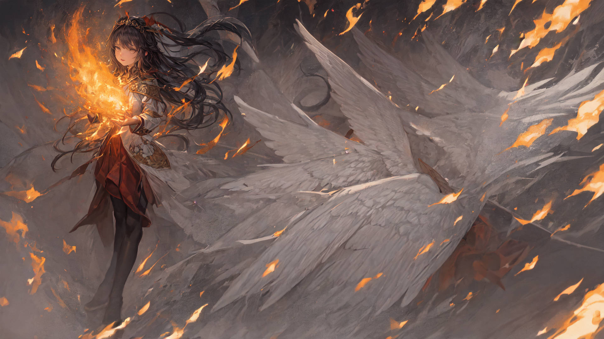 AI generated wallpaper featuring girl, angel wings, fire